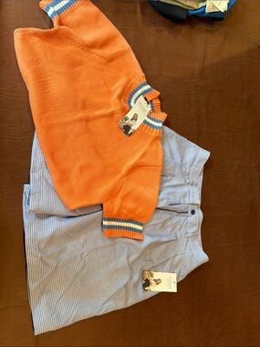 Guess Orange Knit Top with Blue and White Stripe Trim